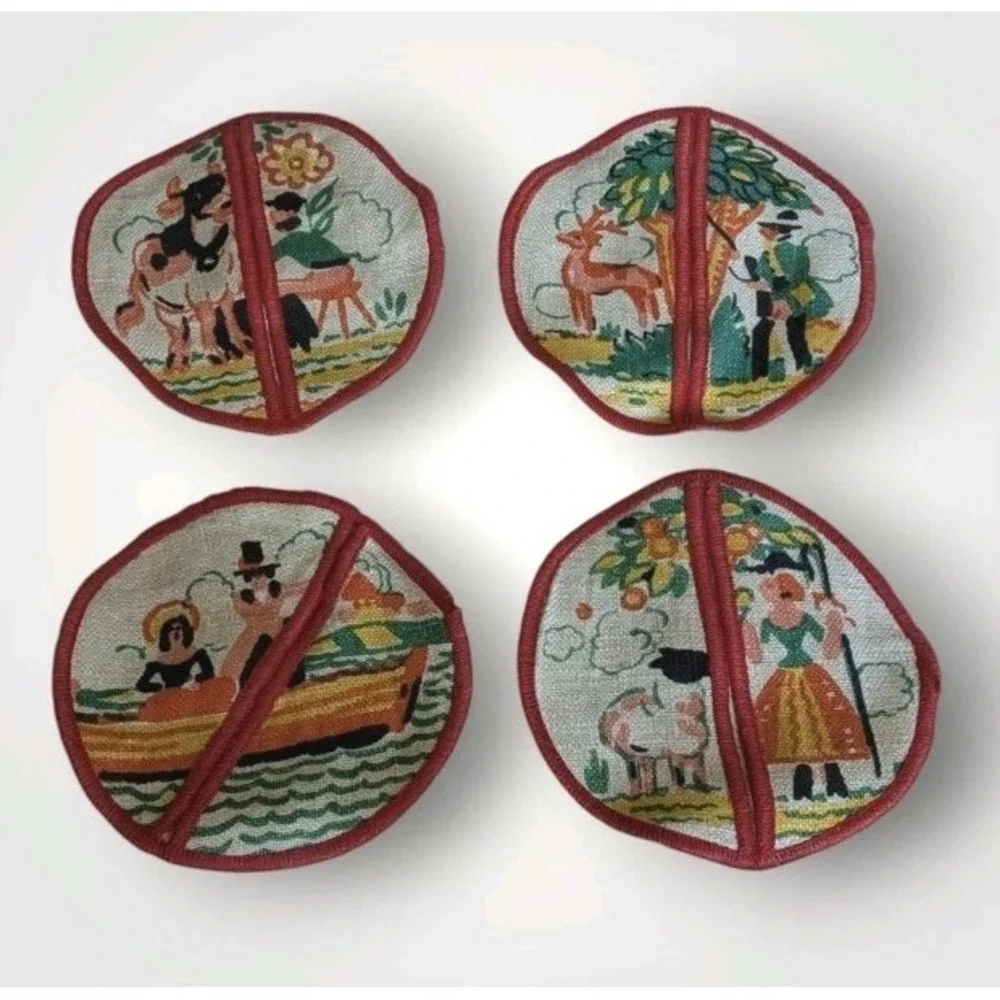 4 Tony Sarg Print Linens Coasters Wine Pocket Cow Lamb Deer Boat Hunter Set Vtg